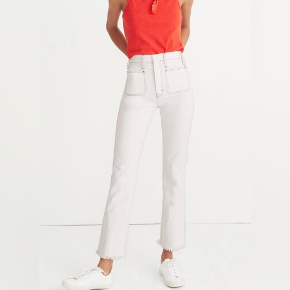 Madewell Rigid Denim Boot‑Crop Jeans in White w/ Red Stitching— Size 30